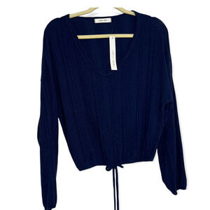 Adelyn Rae Women's Navy Blue Ribbed‎ Knit Long Sleeve Drawstring Cropped Top